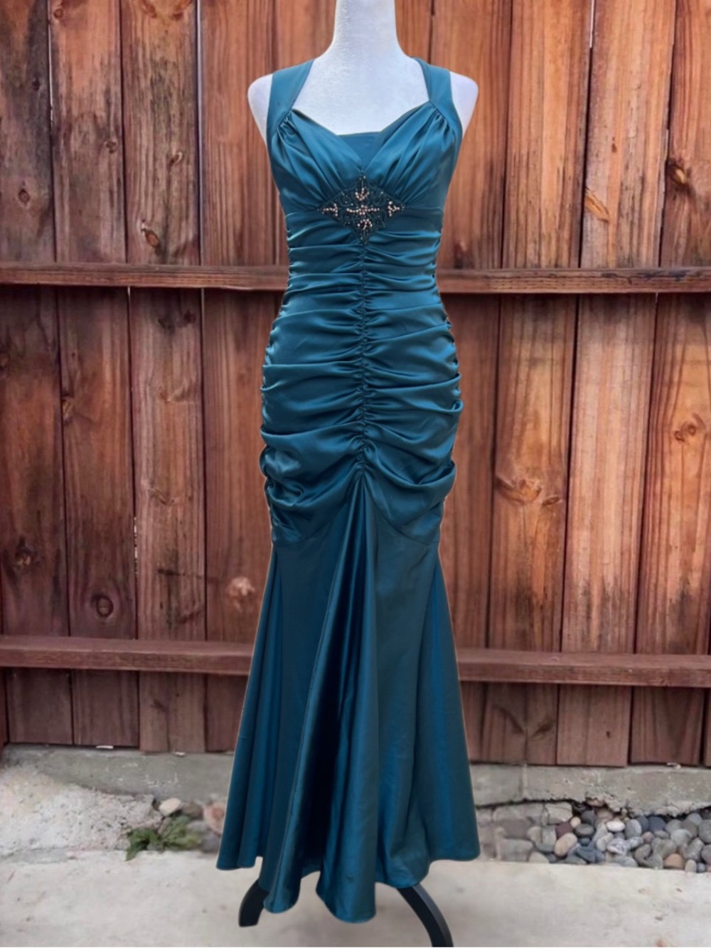 Jessica McClintock Teal Satin Ruched Evening Gown with Embellished Center